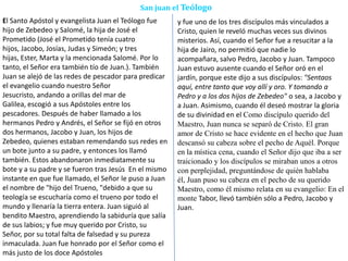 San juan el Teólogo
El Santo Apóstol y evangelista Juan el Teólogo fue
hijo de Zebedeo y Salomé, la hija de José el
Prometido (José el Prometido tenía cuatro
hijos, Jacobo, Josías, Judas y Simeón; y tres
hijas, Ester, Marta y la mencionada Salomé. Por lo
tanto, el Señor era también tío de Juan.). También
Juan se alejó de las redes de pescador para predicar
el evangelio cuando nuestro Señor
Jesucristo, andando a orillas del mar de
Galilea, escogió a sus Apóstoles entre los
pescadores. Después de haber llamado a los
hermanos Pedro y Andrés, el Señor se fijó en otros
dos hermanos, Jacobo y Juan, los hijos de
Zebedeo, quienes estaban remendando sus redes en
un bote junto a su padre, y entonces los llamó
también. Estos abandonaron inmediatamente su
bote y a su padre y se fueron tras Jesús En el mismo
instante en que fue llamado, el Señor le puso a Juan
el nombre de "hijo del Trueno, "debido a que su
teología se escucharía como el trueno por todo el
mundo y llenaría la tierra entera. Juan siguió al
bendito Maestro, aprendiendo la sabiduría que salía
de sus labios; y fue muy querido por Cristo, su
Señor, por su total falta de falsedad y su pureza
inmaculada. Juan fue honrado por el Señor como el
más justo de los doce Apóstoles
y fue uno de los tres discípulos más vinculados a
Cristo, quien le reveló muchas veces sus divinos
misterios. Así, cuando el Señor fue a resucitar a la
hija de Jairo, no permitió que nadie lo
acompañara, salvo Pedro, Jacobo y Juan. Tampoco
Juan estuvo ausente cuando el Señor oró en el
jardín, porque este dijo a sus discípulos: "Sentaos
aquí, entre tanto que voy allí y oro. Y tomando a
Pedro y a los dos hijos de Zebedeo" o sea, a Jacobo y
a Juan. Asimismo, cuando él deseó mostrar la gloria
de su divinidad en el Como discípulo querido del
Maestro, Juan nunca se separó de Cristo. El gran
amor de Cristo se hace evidente en el hecho que Juan
descansó su cabeza sobre el pecho de Aquél. Porque
en la mística cena, cuando el Señor dijo que iba a ser
traicionado y los discípulos se miraban unos a otros
con perplejidad, preguntándose de quién hablaba
él, Juan puso su cabeza en el pecho de su querido
Maestro, como él mismo relata en su evangelio: En el
monte Tabor, llevó también sólo a Pedro, Jacobo y
Juan.
 