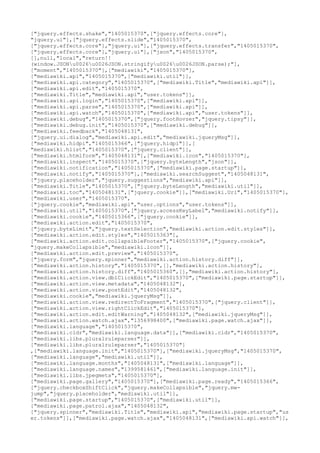 ["jquery.effects.shake","1405015370",["jquery.effects.core"],
"jquery.ui"],["jquery.effects.slide","1405015370",
["jquery.effects.core"],"jquery.ui"],["jquery.effects.transfer","1405015370",
["jquery.effects.core"],"jquery.ui"],["json","1405015370",
[],null,"local","return!!
(window.JSONu0026u0026JSON.stringifyu0026u0026JSON.parse);"],
["moment","1405015370"],["mediawiki","1405015370"],
["mediawiki.api","1405015370",["mediawiki.util"]],
["mediawiki.api.category","1405015370",["mediawiki.Title","mediawiki.api"]],
["mediawiki.api.edit","1405015370",
["mediawiki.Title","mediawiki.api","user.tokens"]],
["mediawiki.api.login","1405015370",["mediawiki.api"]],
["mediawiki.api.parse","1405015370",["mediawiki.api"]],
["mediawiki.api.watch","1405015370",["mediawiki.api","user.tokens"]],
["mediawiki.debug","1405015370",["jquery.footHovzer","jquery.tipsy"]],
["mediawiki.debug.init","1405015370",["mediawiki.debug"]],
["mediawiki.feedback","1405048131",
["jquery.ui.dialog","mediawiki.api.edit","mediawiki.jqueryMsg"]],
["mediawiki.hidpi","1405015366",["jquery.hidpi"]],[
"mediawiki.hlist","1405015370",["jquery.client"]],
["mediawiki.htmlform","1405048131"],["mediawiki.icon","1405015370"],
["mediawiki.inspect","1405015370",["jquery.byteLength","json"]],
["mediawiki.notification","1405015370",["mediawiki.page.startup"]],
["mediawiki.notify","1405015370"],["mediawiki.searchSuggest","1405048131",
["jquery.placeholder","jquery.suggestions","mediawiki.api"]],
["mediawiki.Title","1405015370",["jquery.byteLength","mediawiki.util"]],
["mediawiki.toc","1405048131",["jquery.cookie"]],["mediawiki.Uri","1405015370"],
["mediawiki.user","1405015370",
["jquery.cookie","mediawiki.api","user.options","user.tokens"]],
["mediawiki.util","1405015370",["jquery.accessKeyLabel","mediawiki.notify"]],
["mediawiki.cookie","1405015366",["jquery.cookie"]],
["mediawiki.action.edit","1405015370",
["jquery.byteLimit","jquery.textSelection","mediawiki.action.edit.styles"]],
["mediawiki.action.edit.styles","1405015363"],
["mediawiki.action.edit.collapsibleFooter","1405015370",["jquery.cookie",
"jquery.makeCollapsible","mediawiki.icon"]],
["mediawiki.action.edit.preview","1405015370",
["jquery.form","jquery.spinner","mediawiki.action.history.diff"]],
["mediawiki.action.history","1405015370",[],"mediawiki.action.history"],
["mediawiki.action.history.diff","1405015360",[],"mediawiki.action.history"],
["mediawiki.action.view.dblClickEdit","1405015370",["mediawiki.page.startup"]],
["mediawiki.action.view.metadata","1405048132"],
["mediawiki.action.view.postEdit","1405048132",
["mediawiki.cookie","mediawiki.jqueryMsg"]],
["mediawiki.action.view.redirectToFragment","1405015370",["jquery.client"]],
["mediawiki.action.view.rightClickEdit","1405015370"],
["mediawiki.action.edit.editWarning","1405048132",["mediawiki.jqueryMsg"]],
["mediawiki.action.watch.ajax","1356998400",["mediawiki.page.watch.ajax"]],
["mediawiki.language","1405015370",
["mediawiki.cldr","mediawiki.language.data"]],["mediawiki.cldr","1405015370",
["mediawiki.libs.pluralruleparser"]],
["mediawiki.libs.pluralruleparser","1405015370"]
,["mediawiki.language.init","1405015370"],["mediawiki.jqueryMsg","1405015370",
["mediawiki.language","mediawiki.util"]],
["mediawiki.language.months","1405048131",["mediawiki.language"]],
["mediawiki.language.names","1399581461",["mediawiki.language.init"]],
["mediawiki.libs.jpegmeta","1405015370"],
["mediawiki.page.gallery","1405015370"],["mediawiki.page.ready","1405015366",
["jquery.checkboxShiftClick","jquery.makeCollapsible","jquery.mw-
jump","jquery.placeholder","mediawiki.util"]],
["mediawiki.page.startup","1405015370",["mediawiki.util"]],
["mediawiki.page.patrol.ajax","1405048132",
["jquery.spinner","mediawiki.Title","mediawiki.api","mediawiki.page.startup","us
er.tokens"]],["mediawiki.page.watch.ajax","1405048131",["mediawiki.api.watch"]],
 