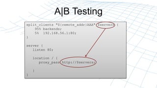 A|B Testing
split_clients "${remote_addr}AAA" $servers {
95% backends;
5% 192.168.56.1:80;
}
server {
listen 80;
location / {
proxy_pass http://$servers;
}
}
 