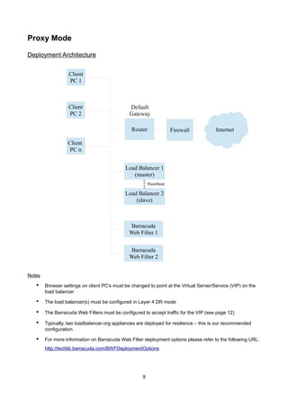Proxy Mode
Deployment Architecture
Client
PC 1

Client
PC 2

Default
Gateway
Router

Firewall

Internet

Client
PC n
Load Balancer 1
(master)
Heartbeat

Load Balancer 2
(slave)

Barracuda
Web Filter 1
Barracuda
Web Filter 2
Notes

•

Browser settings on client PC's must be changed to point at the Virtual Server/Service (VIP) on the
load balancer

•

The load balancer(s) must be configured in Layer 4 DR mode

•

The Barracuda Web Filters must be configured to accept traffic for the VIP (see page 12)

•

Typically, two loadbalancer.org appliances are deployed for resilience – this is our recommended
configuration

•

For more information on Barracuda Web Filter deployment options please refer to the following URL:
http://techlib.barracuda.com/BWFDeploymentOptions

9

 