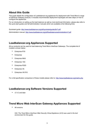 About this Guide
This guide details the configuration of Loadbalancer.org appliances for deployment with Trend Micro's range
of InterScan Gateway products. It includes recommended deployment topologies and also steps on how to
configure the appliances.
For an introduction on setting up the load balancer as well as more technical information, please also refer to
the quick-start guides and full administration manuals which are available at the following links:
Quickstart guide: http://www.loadbalancer.org/pdf/quickstartguideLBv7.pdf
Administration manual: http://www.loadbalancer.org/pdf/loadbalanceradministrationv7.pdf

Loadbalancer.org Appliances Supported
All our products can be used for load balancing Trend Micro InterScan Gateways. The complete list of
models is shown below:

•

Enterprise R16

•

Enterprise

•

Enterprise MAX

•

Enterprise 10G

•

Enterprise R320

•

Enterprise VA

•

Enterprise VA R16

For a full specification comparison of these models please refer to: http://www.loadbalancer.org/matrix.php

Loadbalancer.org Software Versions Supported
•

v7.4.3 and later

Trend Micro Web InterScan Gateway Appliances Supported
•

All versions
N.B. The Trend Micro InterScan Web Security Virtual Appliance (v6.0) was used in the test
environment for this guide.

3

 