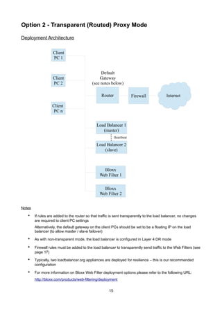 Option 2 - Transparent (Routed) Proxy Mode
Deployment Architecture
Client
PC 1

Client
PC 2

Default
Gateway
(see notes below)
Router

Firewall

Internet

Client
PC n
Load Balancer 1
(master)
Heartbeat

Load Balancer 2
(slave)

Bloxx
Web Filter 1
Bloxx
Web Filter 2
Notes

•

If rules are added to the router so that traffic is sent transparently to the load balancer, no changes
are required to client PC settings
Alternatively, the default gateway on the client PCs should be set to be a floating IP on the load
balancer (to allow master / slave failover)

•

As with non-transparent mode, the load balancer is configured in Layer 4 DR mode

•

Firewall rules must be added to the load balancer to transparently send traffic to the Web Filters (see
page 17)

•

Typically, two loadbalancer.org appliances are deployed for resilience – this is our recommended
configuration

•

For more information on Bloxx Web Filter deployment options please refer to the following URL:
http://bloxx.com/products/web-filtering/deployment
15

 