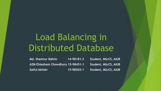 Load Balancing in
Distributed Database
Md. Shamsur Rahim 14-98181-3 Student, MScCS, AIUB
AZM Ehtesham Chowdhury 15-98451-1 Student, MScCS, AIUB
Saiful Akhter 15-98502-1 Student, MScCS, AIUB
 