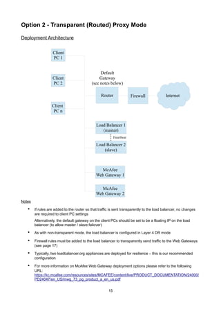 Option 2 - Transparent (Routed) Proxy Mode
Deployment Architecture
Client
PC 1

Client
PC 2

Default
Gateway
(see notes below)
Router

Firewall

Internet

Client
PC n
Load Balancer 1
(master)
Heartbeat

Load Balancer 2
(slave)

McAfee
Web Gateway 1
McAfee
Web Gateway 2
Notes

•

If rules are added to the router so that traffic is sent transparently to the load balancer, no changes
are required to client PC settings
Alternatively, the default gateway on the client PCs should be set to be a floating IP on the load
balancer (to allow master / slave failover)

•

As with non-transparent mode, the load balancer is configured in Layer 4 DR mode

•

Firewall rules must be added to the load balancer to transparently send traffic to the Web Gateways
(see page 17)

•

Typically, two loadbalancer.org appliances are deployed for resilience – this is our recommended
configuration

•

For more information on McAfee Web Gateway deployment options please refer to the following
URL:
https://kc.mcafee.com/resources/sites/MCAFEE/content/live/PRODUCT_DOCUMENTATION/24000/
PD24047/en_US/mwg_73_pg_product_a_en_us.pdf
15

 
