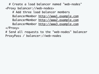# Create a load balancer named "web-nodes"
<Proxy balancer://web-nodes>
    # Add three load balancer members
    BalancerMember http://www1.example.com
    BalancerMember http://www2.example.com
    BalancerMember http://www3.example.com
</Proxy>
# Send all requests to the "web-nodes" balancer
ProxyPass / balancer://web-nodes
 
