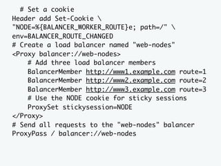 # Set a cookie
Header add Set-Cookie 
"NODE=%{BALANCER_WORKER_ROUTE}e; path=/" 
env=BALANCER_ROUTE_CHANGED
# Create a load balancer named "web-nodes"
<Proxy balancer://web-nodes>
    # Add three load balancer members
    BalancerMember http://www1.example.com route=1
    BalancerMember http://www2.example.com route=2
    BalancerMember http://www3.example.com route=3
    # Use the NODE cookie for sticky sessions
    ProxySet stickysession=NODE
</Proxy>
# Send all requests to the "web-nodes" balancer
ProxyPass / balancer://web-nodes
 