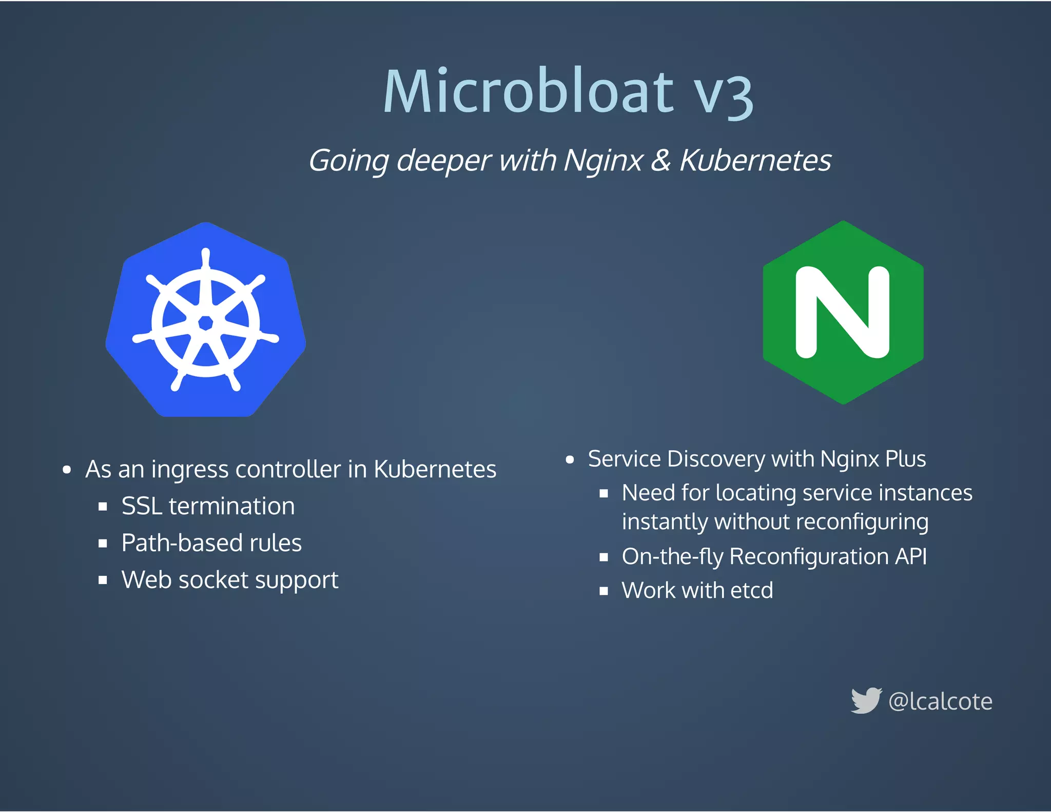 Microbloat v3
Going deeper with Nginx & Kubernetes
As an ingress controller in Kubernetes
SSL termination
Path-based rules
Web socket support
@lcalcote
Service Discovery with Nginx Plus
Need for locating service instances
instantly without reconﬁguring
On-the-ﬂy Reconﬁguration API
Work with etcd
 