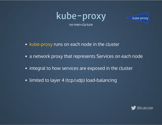  runs on each node in the cluster
 
a network proxy that represents Services on each node
 
integral to how services are exposed in the cluster
 
limited to layer 4 (tcp/udp) load-balancing
kube-proxy
kube-proxy
no·men·cla·ture
@lcalcote
kube-proxy
 