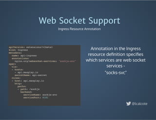 Annotation in the Ingress
resource deﬁnition speciﬁes
which services are web socket
services -
"socks-svc"
Web Socket Support
Ingress Resource Annotation
@lcalcote
apiVersion: extensions/v1beta1
kind: Ingress
metadata:
name: api-ingress
annotations:
nginx.org/websocket-services: "sockjs-svc"
spec:
tls:
- hosts:
- api.maxplay.io
secretName: api-secret
rules:
- host: api.maxplay.io
http:
paths:
- path: /sockjs
backend:
serviceName: sockjs-svc
servicePort: 8181
 