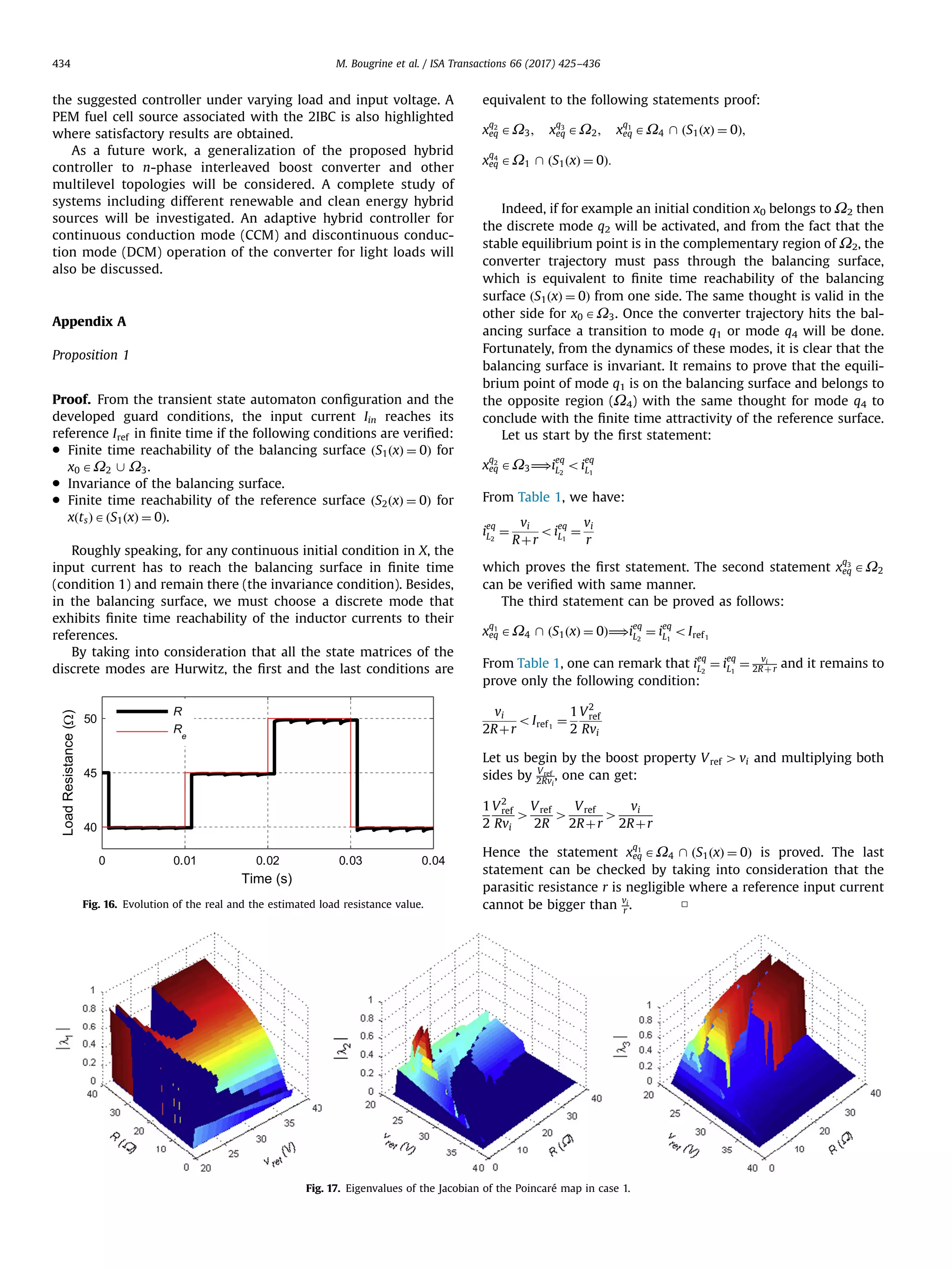 the suggested controller under varying load and input voltage. A
PEM fuel cell source associated with the 2IBC is also highlighted
where satisfactory results are obtained.
As a future work, a generalization of the proposed hybrid
controller to n-phase interleaved boost converter and other
multilevel topologies will be considered. A complete study of
systems including different renewable and clean energy hybrid
sources will be investigated. An adaptive hybrid controller for
continuous conduction mode (CCM) and discontinuous conduc-
tion mode (DCM) operation of the converter for light loads will
also be discussed.
Appendix A
Proposition 1
Proof. From the transient state automaton conﬁguration and the
developed guard conditions, the input current Iin reaches its
reference Iref in ﬁnite time if the following conditions are veriﬁed:
 Finite time reachability of the balancing surface ðS1ðxÞ ¼ 0Þ for
x0 AΩ2 [ Ω3.
 Invariance of the balancing surface.
 Finite time reachability of the reference surface ðS2ðxÞ ¼ 0Þ for
xðtsÞAðS1ðxÞ ¼ 0Þ.
Roughly speaking, for any continuous initial condition in X, the
input current has to reach the balancing surface in ﬁnite time
(condition 1) and remain there (the invariance condition). Besides,
in the balancing surface, we must choose a discrete mode that
exhibits ﬁnite time reachability of the inductor currents to their
references.
By taking into consideration that all the state matrices of the
discrete modes are Hurwitz, the ﬁrst and the last conditions are
equivalent to the following statements proof:
x
q2
eq AΩ3; x
q3
eq AΩ2; x
q1
eq AΩ4  ðS1ðxÞ ¼ 0Þ;
x
q4
eq AΩ1  ðS1ðxÞ ¼ 0Þ:
Indeed, if for example an initial condition x0 belongs to Ω2 then
the discrete mode q2 will be activated, and from the fact that the
stable equilibrium point is in the complementary region of Ω2, the
converter trajectory must pass through the balancing surface,
which is equivalent to ﬁnite time reachability of the balancing
surface ðS1ðxÞ ¼ 0Þ from one side. The same thought is valid in the
other side for x0 AΩ3. Once the converter trajectory hits the bal-
ancing surface a transition to mode q1 or mode q4 will be done.
Fortunately, from the dynamics of these modes, it is clear that the
balancing surface is invariant. It remains to prove that the equili-
brium point of mode q1 is on the balancing surface and belongs to
the opposite region (Ω4) with the same thought for mode q4 to
conclude with the ﬁnite time attractivity of the reference surface.
Let us start by the ﬁrst statement:
x
q2
eq AΩ3⟹ieq
L2
oieq
L1
From Table 1, we have:
ieq
L2
¼
vi
Rþr
oieq
L1
¼
vi
r
which proves the ﬁrst statement. The second statement x
q3
eq AΩ2
can be veriﬁed with same manner.
The third statement can be proved as follows:
x
q1
eq AΩ4  ðS1ðxÞ ¼ 0Þ⟹ieq
L2
¼ ieq
L1
oIref1
From Table 1, one can remark that ieq
L2
¼ ieq
L1
¼ vi
2R þr and it remains to
prove only the following condition:
vi
2Rþr
oIref1
¼
1
2
V2
ref
Rvi
Let us begin by the boost property Vref 4vi and multiplying both
sides by Vref
2Rvi
, one can get:
1
2
V2
ref
Rvi
4
Vref
2R
4
Vref
2Rþr
4
vi
2Rþr
Hence the statement x
q1
eq AΩ4  ðS1ðxÞ ¼ 0Þ is proved. The last
statement can be checked by taking into consideration that the
parasitic resistance r is negligible where a reference input current
cannot be bigger than vi
r . □
0 0.01 0.02 0.03 0.04
40
45
50
Time (s)
LoadResistance()
R
R
e
Ω
Fig. 16. Evolution of the real and the estimated load resistance value.
Fig. 17. Eigenvalues of the Jacobian of the Poincaré map in case 1.
M. Bougrine et al. / ISA Transactions 66 (2017) 425–436434
 