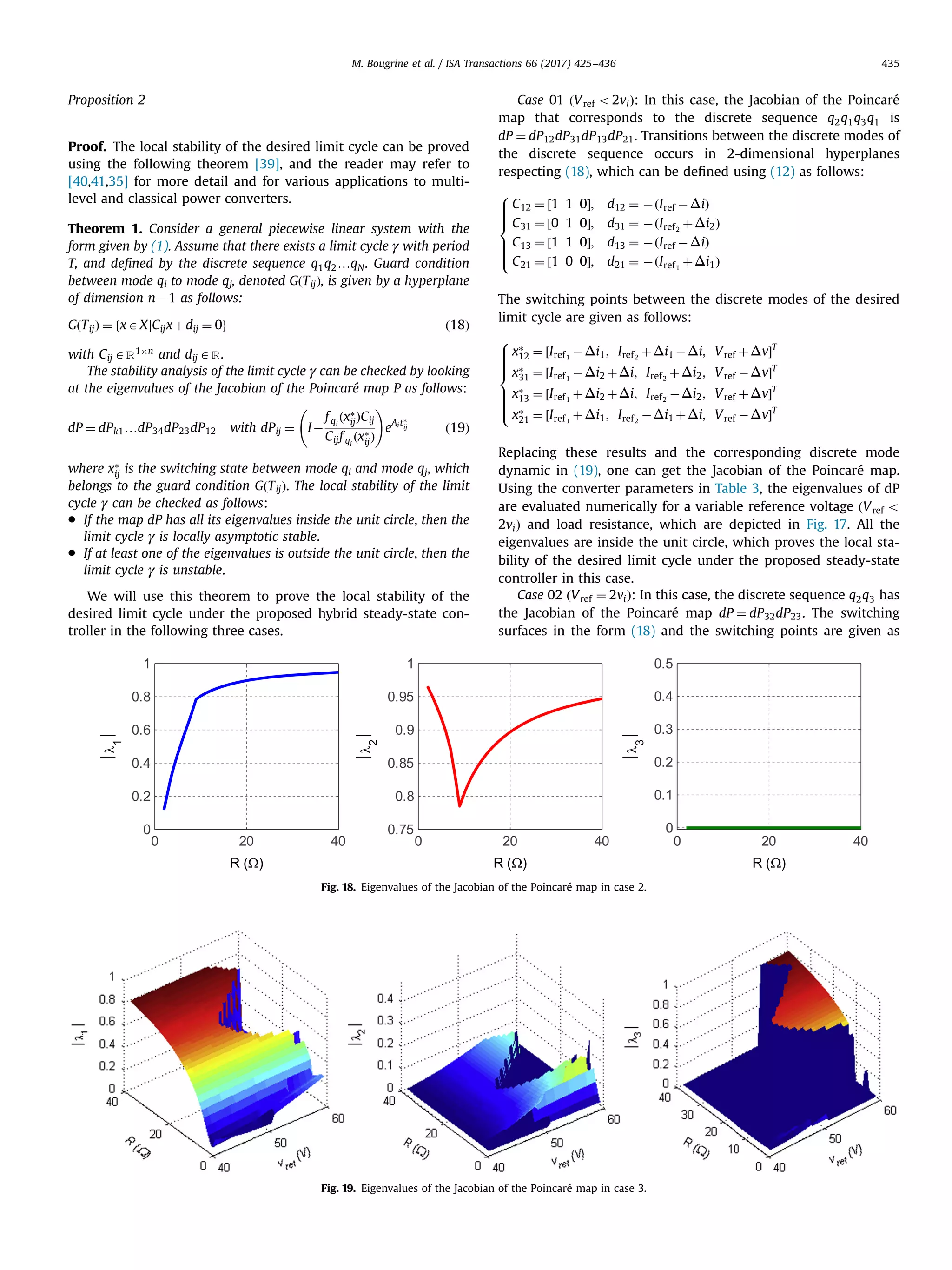 Proposition 2
Proof. The local stability of the desired limit cycle can be proved
using the following theorem [39], and the reader may refer to
[40,41,35] for more detail and for various applications to multi-
level and classical power converters.
Theorem 1. Consider a general piecewise linear system with the
form given by (1). Assume that there exists a limit cycle γ with period
T, and deﬁned by the discrete sequence q1q2…qN. Guard condition
between mode qi to mode qj, denoted GðTijÞ, is given by a hyperplane
of dimension nÀ1 as follows:
GðTijÞ ¼ fxAX∣Cijxþdij ¼ 0g ð18Þ
with Cij AR1Ân
and dij AR.
The stability analysis of the limit cycle γ can be checked by looking
at the eigenvalues of the Jacobian of the Poincaré map P as follows:
dP ¼ dPk1…dP34dP23dP12 with dPij ¼ IÀ
f qi
ðxÃ
ijÞCij
Cijf qi
ðxÃ
ijÞ
!
eAitÃ
ij ð19Þ
where xÃ
ij is the switching state between mode qi and mode qj, which
belongs to the guard condition GðTijÞ. The local stability of the limit
cycle γ can be checked as follows:
 If the map dP has all its eigenvalues inside the unit circle, then the
limit cycle γ is locally asymptotic stable.
 If at least one of the eigenvalues is outside the unit circle, then the
limit cycle γ is unstable.
We will use this theorem to prove the local stability of the
desired limit cycle under the proposed hybrid steady-state con-
troller in the following three cases.
Case 01 ðVref o2viÞ: In this case, the Jacobian of the Poincaré
map that corresponds to the discrete sequence q2q1q3q1 is
dP ¼ dP12dP31dP13dP21. Transitions between the discrete modes of
the discrete sequence occurs in 2-dimensional hyperplanes
respecting (18), which can be deﬁned using (12) as follows:
C12 ¼ ½1 1 0Š; d12 ¼ ÀðIref ÀΔiÞ
C31 ¼ ½0 1 0Š; d31 ¼ ÀðIref2
þΔi2Þ
C13 ¼ ½1 1 0Š; d13 ¼ ÀðIref ÀΔiÞ
C21 ¼ ½1 0 0Š; d21 ¼ ÀðIref1
þΔi1Þ
8

:
The switching points between the discrete modes of the desired
limit cycle are given as follows:
xÃ
12 ¼ ½Iref1
ÀΔi1; Iref2
þΔi1 ÀΔi; Vref þΔvŠT
xÃ
31 ¼ ½Iref1
ÀΔi2 þΔi; Iref2
þΔi2; Vref ÀΔvŠT
xÃ
13 ¼ ½Iref1
þΔi2 þΔi; Iref2
ÀΔi2; Vref þΔvŠT
xÃ
21 ¼ ½Iref1
þΔi1; Iref2
ÀΔi1 þΔi; Vref ÀΔvŠT
8

:
Replacing these results and the corresponding discrete mode
dynamic in (19), one can get the Jacobian of the Poincaré map.
Using the converter parameters in Table 3, the eigenvalues of dP
are evaluated numerically for a variable reference voltage ðVref o
2viÞ and load resistance, which are depicted in Fig. 17. All the
eigenvalues are inside the unit circle, which proves the local sta-
bility of the desired limit cycle under the proposed steady-state
controller in this case.
Case 02 ðVref ¼ 2viÞ: In this case, the discrete sequence q2q3 has
the Jacobian of the Poincaré map dP ¼ dP32dP23. The switching
surfaces in the form (18) and the switching points are given as
Fig. 18. Eigenvalues of the Jacobian of the Poincaré map in case 2.
Fig. 19. Eigenvalues of the Jacobian of the Poincaré map in case 3.
M. Bougrine et al. / ISA Transactions 66 (2017) 425–436 435
 