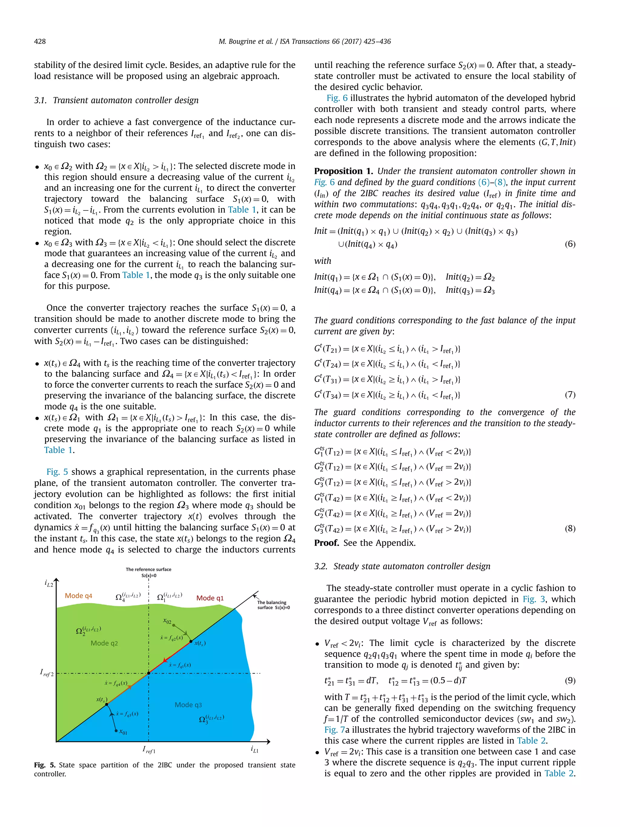 stability of the desired limit cycle. Besides, an adaptive rule for the
load resistance will be proposed using an algebraic approach.
3.1. Transient automaton controller design
In order to achieve a fast convergence of the inductance cur-
rents to a neighbor of their references Iref1
and Iref2
, one can dis-
tinguish two cases:
 x0 AΩ2 with Ω2 ¼ fxAX∣iL2
4iL1
g: The selected discrete mode in
this region should ensure a decreasing value of the current iL2
and an increasing one for the current iL1
to direct the converter
trajectory toward the balancing surface S1ðxÞ ¼ 0, with
S1ðxÞ ¼ iL2
ÀiL1
. From the currents evolution in Table 1, it can be
noticed that mode q2 is the only appropriate choice in this
region.
 x0 AΩ3 with Ω3 ¼ fxAX∣iL2
oiL1
g: One should select the discrete
mode that guarantees an increasing value of the current iL2
and
a decreasing one for the current iL1
to reach the balancing sur-
face S1ðxÞ ¼ 0. From Table 1, the mode q3 is the only suitable one
for this purpose.
Once the converter trajectory reaches the surface S1ðxÞ ¼ 0, a
transition should be made to another discrete mode to bring the
converter currents (iL1
; iL2
) toward the reference surface S2ðxÞ ¼ 0,
with S2ðxÞ ¼ iL1
ÀIref1
. Two cases can be distinguished:
 xðtsÞAΩ4 with ts is the reaching time of the converter trajectory
to the balancing surface and Ω4 ¼ fxAX∣iL1
ðtsÞoIref1
g: In order
to force the converter currents to reach the surface S2ðxÞ ¼ 0 and
preserving the invariance of the balancing surface, the discrete
mode q4 is the one suitable.
 xðtsÞAΩ1 with Ω1 ¼ fxAX∣iL1
ðtsÞ4Iref1
g: In this case, the dis-
crete mode q1 is the appropriate one to reach S2ðxÞ ¼ 0 while
preserving the invariance of the balancing surface as listed in
Table 1.
Fig. 5 shows a graphical representation, in the currents phase
plane, of the transient automaton controller. The converter tra-
jectory evolution can be highlighted as follows: the ﬁrst initial
condition x01 belongs to the region Ω3 where mode q3 should be
activated. The converter trajectory x(t) evolves through the
dynamics _x ¼ f q3
ðxÞ until hitting the balancing surface S1ðxÞ ¼ 0 at
the instant ts. In this case, the state xðtsÞ belongs to the region Ω4
and hence mode q4 is selected to charge the inductors currents
until reaching the reference surface S2ðxÞ ¼ 0. After that, a steady-
state controller must be activated to ensure the local stability of
the desired cyclic behavior.
Fig. 6 illustrates the hybrid automaton of the developed hybrid
controller with both transient and steady control parts, where
each node represents a discrete mode and the arrows indicate the
possible discrete transitions. The transient automaton controller
corresponds to the above analysis where the elements ðG; T; InitÞ
are deﬁned in the following proposition:
Proposition 1. Under the transient automaton controller shown in
Fig. 6 and deﬁned by the guard conditions (6)–(8), the input current
ðIinÞ of the 2IBC reaches its desired value ðIref Þ in ﬁnite time and
within two commutations: q3q4; q3q1; q2q4, or q2q1. The initial dis-
crete mode depends on the initial continuous state as follows:
Init ¼ ðInitðq1Þ Â q1Þ [ ðInitðq2Þ Â q2Þ [ ðInitðq3Þ Â q3Þ
[ðInitðq4Þ Â q4Þ ð6Þ
with
Initðq1Þ ¼ fxAΩ1  ðS1ðxÞ ¼ 0Þg; Initðq2Þ ¼ Ω2
Initðq4Þ ¼ fxAΩ4  ðS1ðxÞ ¼ 0Þg; Initðq3Þ ¼ Ω3
The guard conditions corresponding to the fast balance of the input
current are given by:
Gt
ðT21Þ ¼ fxAX∣ðiL2
riL1
Þ4ðiL1
4Iref1
Þg
Gt
ðT24Þ ¼ fxAX∣ðiL2
riL1
Þ4ðiL1
oIref1
Þg
Gt
ðT31Þ ¼ fxAX∣ðiL2
ZiL1
Þ4ðiL1
4Iref1
Þg
Gt
ðT34Þ ¼ fxAX∣ðiL2
ZiL1
Þ4ðiL1
oIref1
Þg ð7Þ
The guard conditions corresponding to the convergence of the
inductor currents to their references and the transition to the steady-
state controller are deﬁned as follows:
Gts
1 ðT12Þ ¼ fxAX∣ðiL1
rIref1
Þ4ðVref o2viÞg
Gts
2 ðT12Þ ¼ fxAX∣ðiL1
rIref1
Þ4ðVref ¼ 2viÞg
Gts
3 ðT12Þ ¼ fxAX∣ðiL1
rIref1
Þ4ðVref 42viÞg
Gts
1 ðT42Þ ¼ fxAX∣ðiL1
ZIref1
Þ4ðVref o2viÞg
Gts
2 ðT42Þ ¼ fxAX∣ðiL1
ZIref1
Þ4ðVref ¼ 2viÞg
Gts
3 ðT42Þ ¼ fxAX∣ðiL1
ZIref1
Þ4ðVref 42viÞg ð8Þ
Proof. See the Appendix.
3.2. Steady state automaton controller design
The steady-state controller must operate in a cyclic fashion to
guarantee the periodic hybrid motion depicted in Fig. 3, which
corresponds to a three distinct converter operations depending on
the desired output voltage Vref as follows:
 Vref o2vi: The limit cycle is characterized by the discrete
sequence q2q1q3q1 where the spent time in mode qi before the
transition to mode qj is denoted tÃ
ij and given by:
tÃ
21 ¼ tÃ
31 ¼ dT; tÃ
12 ¼ tÃ
13 ¼ ð0:5ÀdÞT ð9Þ
with T ¼ tÃ
21 þtÃ
12 þtÃ
31 þtÃ
13 is the period of the limit cycle, which
can be generally ﬁxed depending on the switching frequency
f¼1/T of the controlled semiconductor devices (sw1 and sw2).
Fig. 7a illustrates the hybrid trajectory waveforms of the 2IBC in
this case where the current ripples are listed in Table 2.
 Vref ¼ 2vi: This case is a transition one between case 1 and case
3 where the discrete sequence is q2q3. The input current ripple
is equal to zero and the other ripples are provided in Table 2.
balancing
Fig. 5. State space partition of the 2IBC under the proposed transient state
controller.
M. Bougrine et al. / ISA Transactions 66 (2017) 425–436428
 