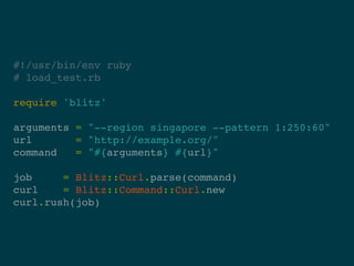 #!/usr/bin/env ruby
# load_test.rb

require 'blitz'

arguments = "--region singapore --pattern 1:250:60"
url       = "http://example.org/"
command   = "#{arguments} #{url}"

job     = Blitz::Curl.parse(command)
curl    = Blitz::Command::Curl.new
curl.rush(job)
 