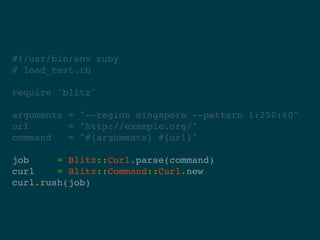 #!/usr/bin/env ruby
# load_test.rb

require 'blitz'

arguments = "--region singapore --pattern 1:250:60"
url       = "http://example.org/"
command   = "#{arguments} #{url}"

job     = Blitz::Curl.parse(command)
curl    = Blitz::Command::Curl.new
curl.rush(job)
 
