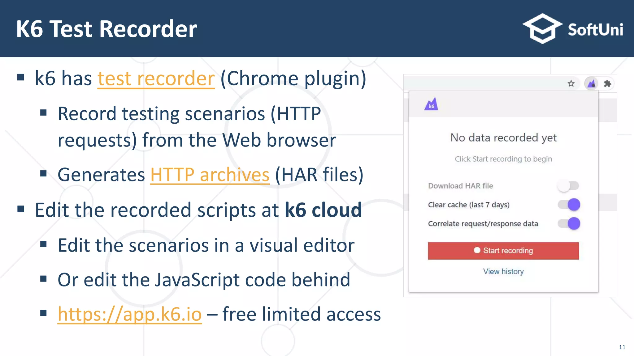  k6 has test recorder (Chrome plugin)
 Record testing scenarios (HTTP
requests) from the Web browser
 Generates HTTP archives (HAR files)
 Edit the recorded scripts at k6 cloud
 Edit the scenarios in a visual editor
 Or edit the JavaScript code behind
 https://app.k6.io – free limited access
K6 Test Recorder
11
 