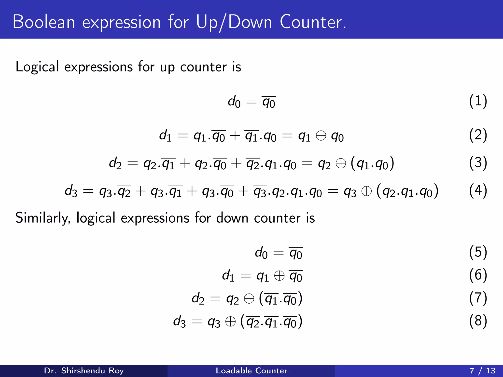 Boolean expression for Up/Down Counter.
Logical expressions for up counter is
d0 = q0 (1)
d1 = q1.q0 + q1.q0 = q1 ⊕ q0 (2)
d2 = q2.q1 + q2.q0 + q2.q1.q0 = q2 ⊕ (q1.q0) (3)
d3 = q3.q2 + q3.q1 + q3.q0 + q3.q2.q1.q0 = q3 ⊕ (q2.q1.q0) (4)
Similarly, logical expressions for down counter is
d0 = q0 (5)
d1 = q1 ⊕ q0 (6)
d2 = q2 ⊕ (q1.q0) (7)
d3 = q3 ⊕ (q2.q1.q0) (8)
Dr. Shirshendu Roy Loadable Counter 7 / 13
 