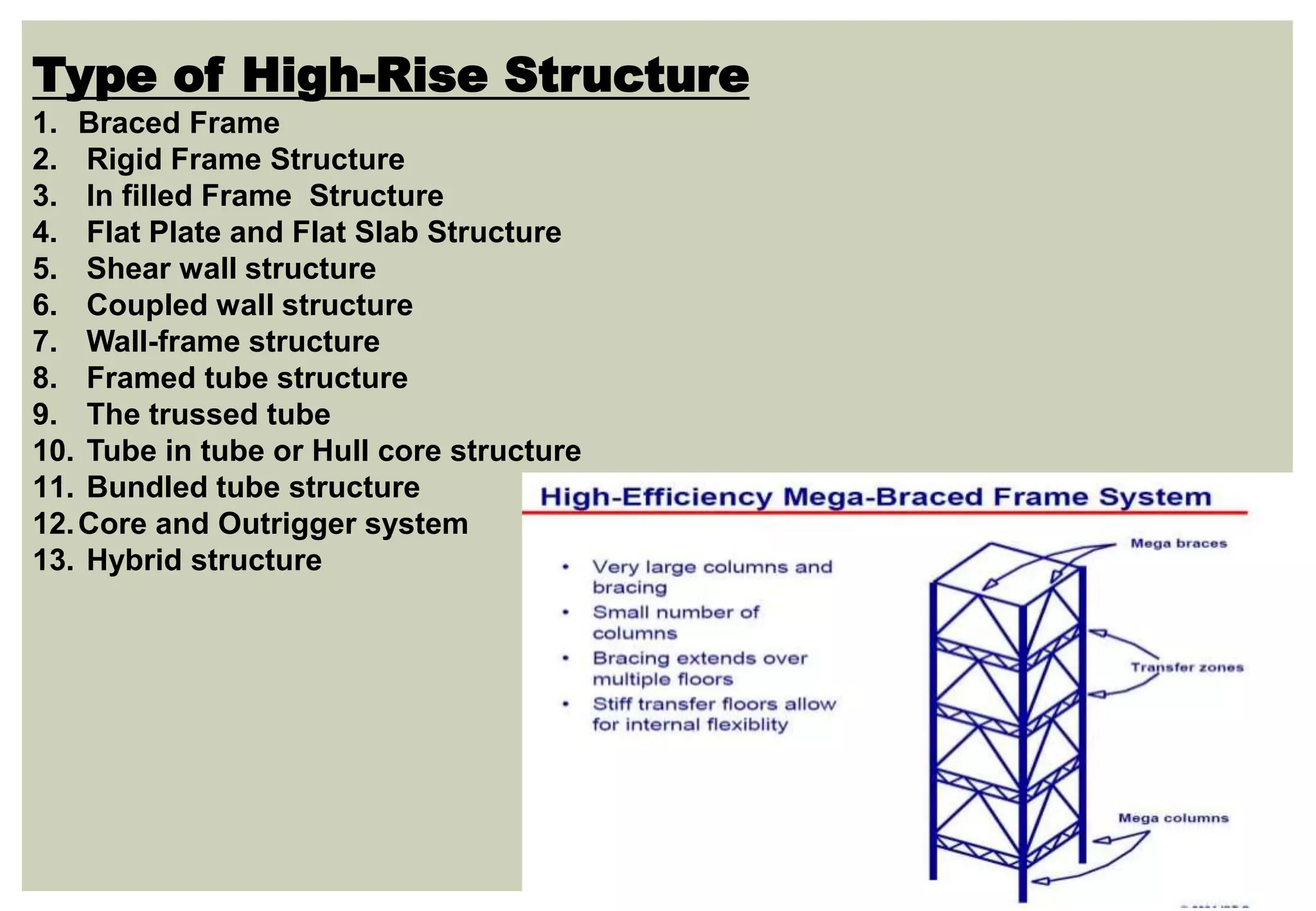 Type of High-Rise Structure
1. Braced Frame
2. Rigid Frame Structure
3. In filled Frame Structure
4. Flat Plate and Flat Slab Structure
5. Shear wall structure
6. Coupled wall structure
7. Wall-frame structure
8. Framed tube structure
9. The trussed tube
10. Tube in tube or Hull core structure
11. Bundled tube structure
12.Core and Outrigger system
13. Hybrid structure
 