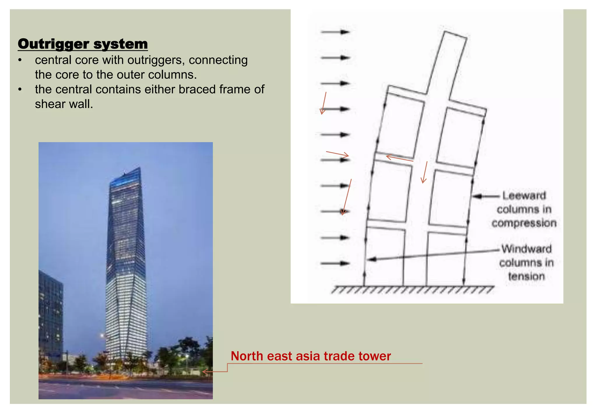 Outrigger system
• central core with outriggers, connecting
the core to the outer columns.
• the central contains either braced frame of
shear wall.
North east asia trade tower
 