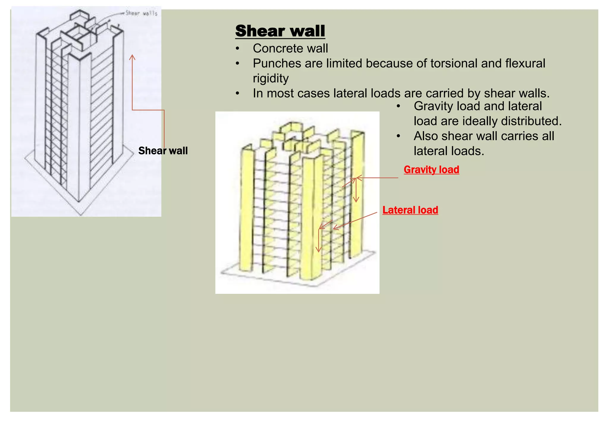 Shear wall
• Concrete wall
• Punches are limited because of torsional and flexural
rigidity
• In most cases lateral loads are carried by shear walls.
Shear wall
• Gravity load and lateral
load are ideally distributed.
• Also shear wall carries all
lateral loads.
Lateral load
Gravity load
 