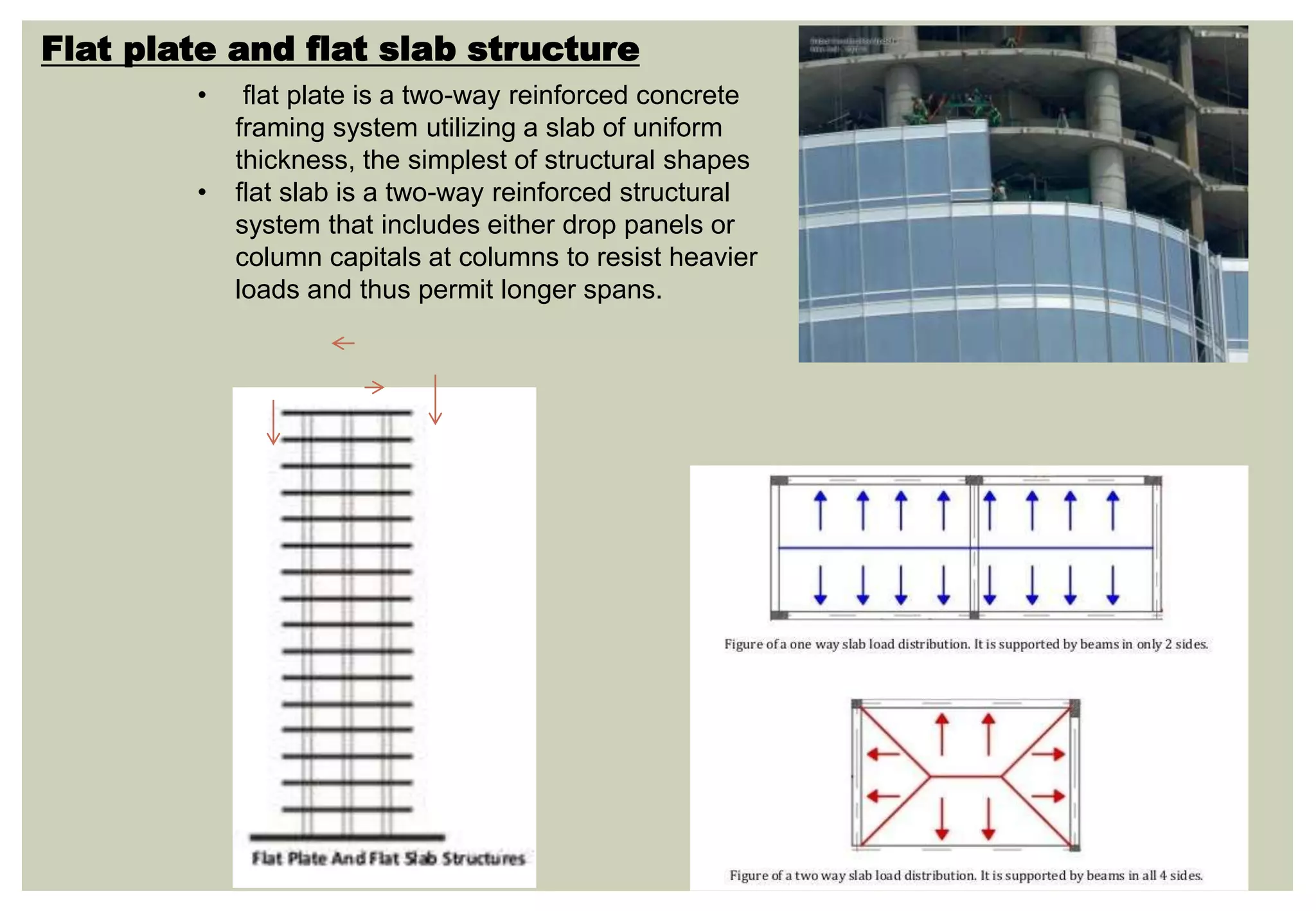 Flat plate and flat slab structure
• flat plate is a two-way reinforced concrete
framing system utilizing a slab of uniform
thickness, the simplest of structural shapes
• flat slab is a two-way reinforced structural
system that includes either drop panels or
column capitals at columns to resist heavier
loads and thus permit longer spans.
 