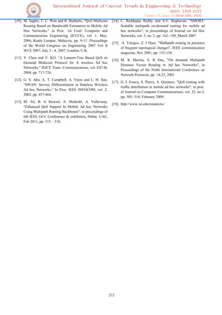 212
[10]. M. Saghir, T. C. Wan and R. Budiarto, “QoS Multicast
Routing Based on Bandwidth Estimation in Mobile Ad
Hoc Networks,” in Proc. 1st Conf. Computer and
Communication Engineering (ICCCE), vol. 1, May.
2006, Kuala Lumpur, Malaysia, pp. 9-11. Proceedings
of the World Congress on Engineering 2007 Vol II
WCE 2007, July 2 - 4, 2007, London, U.K.
[11]. Y. Chen and Y. KO, “A Lantern-Tree Based QoS on
Demand Multicast Protocol for A wireless Ad hoc
Networks,” IEICE Trans. Communications, vol. E87-B,
2004, pp. 717-726.
[12]. G. S. Ahn, A. T. Campbell, A. Veres and L. H. Sun,
“SWAN: Service Differentiation in Stateless Wireless
Ad hoc Networks,” In Proc. IEEE INFOCOM, vol. 2,
2002, pp. 457-466.
[13]. M. Ali, B. G Stewart, A. Shahrabi, A. Vallavaraj,
"Enhanced QoS Support In Mobile Ad hoc Networks
Using Multipath Routing Backbones", in proceedings of
6th IEEE GCC Conference & exhibition, Dubai, UAE,
Feb 2011, pp: 315 – 318.
[14]. L. Reddeppa Reddy and S.V. Raghavan, "SMORT:
Scalable multipath on-demand routing for mobile ad
hoc networks", in proceedings of Journal on Ad Hoc
Networks, vol. 5, no. 2, pp: 162- 188, March 2007.
[15]. A. Tsirigos, Z. J Hass, "Multipath routing in presence
of frequent topological changes", IEEE communication
magazine, Nov 2001, pp: 132-138.
[16]. M. K Marina, S. R Das, "On demand Multipath
Distance Vector Routing in Ad hoc Networks", in
Proceedings of the Ninth International Conference on
Network Protocols, pp: 14-23, 2001
[17]. G. I. Ivascu, S. Pierre, A. Quintero, "QoS routing with
traffic distribution in mobile ad hoc networks", in proc.
of Journal on Computer Communications, vol. 32, no.2,
pp: 305- 316, February 2009.
[18]. http://www.isi.edu/nsnam/ns/
 