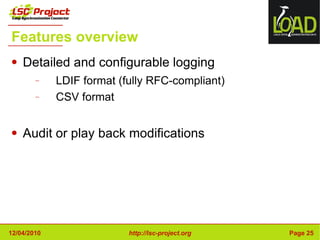 Features overview Detailed and configurable logging LDIF format (fully RFC-compliant) CSV format Audit or play back modifications 