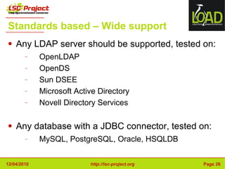 Standards based – Wide support Any LDAP server should be supported, tested on: OpenLDAP OpenDS Sun DSEE Microsoft Active Directory Novell Directory Services Any database with a JDBC connector, tested on: MySQL, PostgreSQL, Oracle, HSQLDB 
