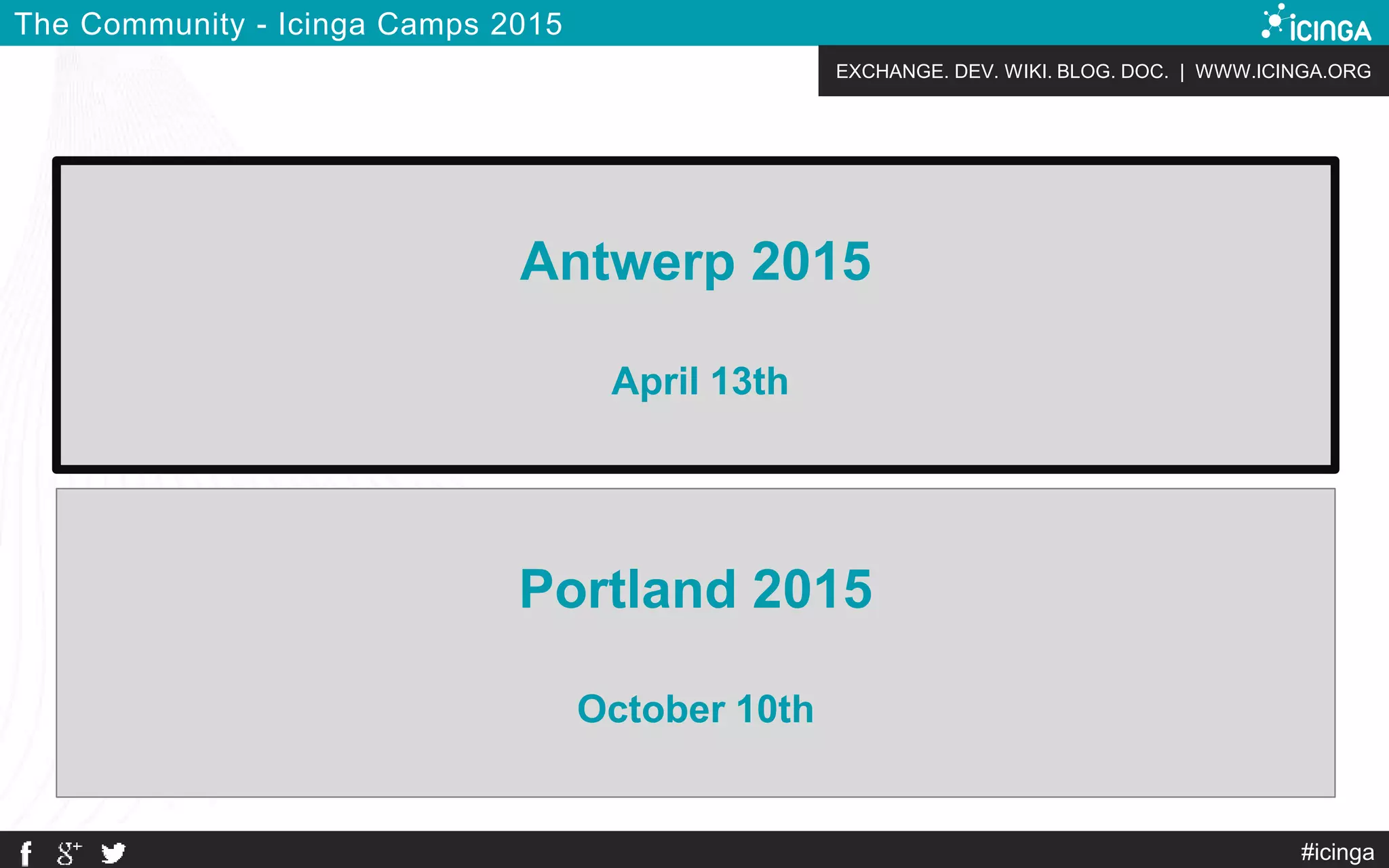 EXCHANGE. DEV. WIKI. BLOG. DOC. | WWW.ICINGA.ORG
#icinga
The Community - Icinga Camps 2015
Antwerp 2015
April 13th
Portland 2015
October 10th
Antwerp 2015
April 13th
 