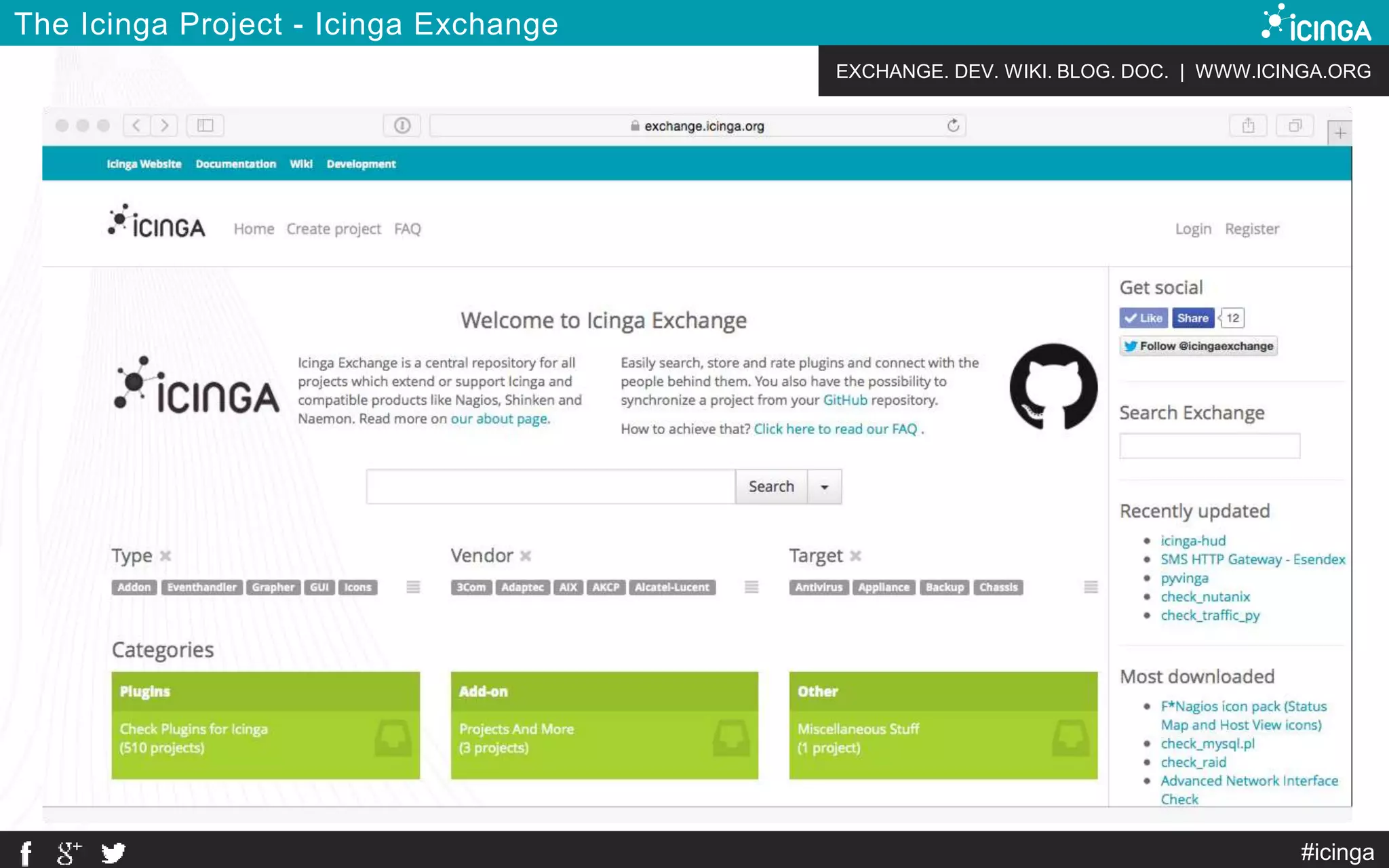 EXCHANGE. DEV. WIKI. BLOG. DOC. | WWW.ICINGA.ORG
#icinga
The Icinga Project - Icinga Exchange
 