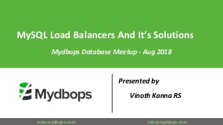 MySQL Load Balancers And It’s Solutions
Mydbops Database Meetup - Aug 2018
Presented by
Vinoth Kanna RS
www.mydbops.com info@mydbops.com
 