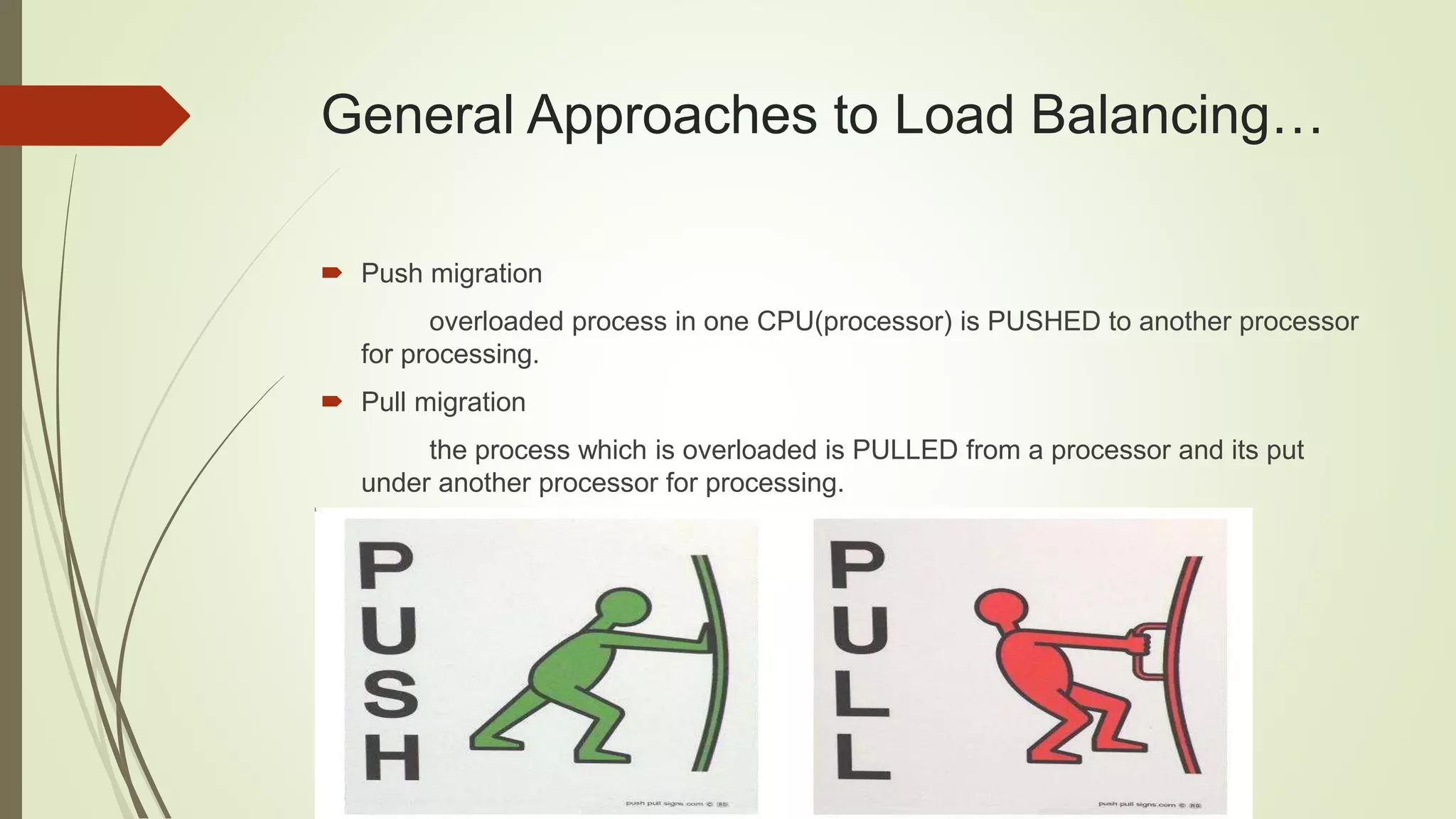 General Approaches to Load Balancing…
 Push migration
overloaded process in one CPU(processor) is PUSHED to another processor
for processing.
 Pull migration
the process which is overloaded is PULLED from a processor and its put
under another processor for processing.
 