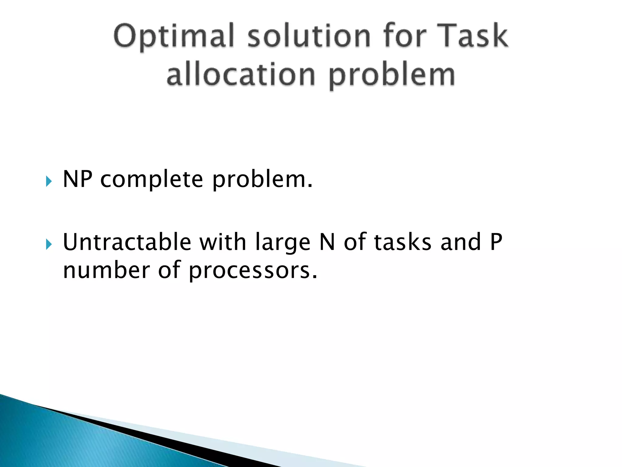 NP complete problem.
 Untractable with large N of tasks and P
number of processors.
 