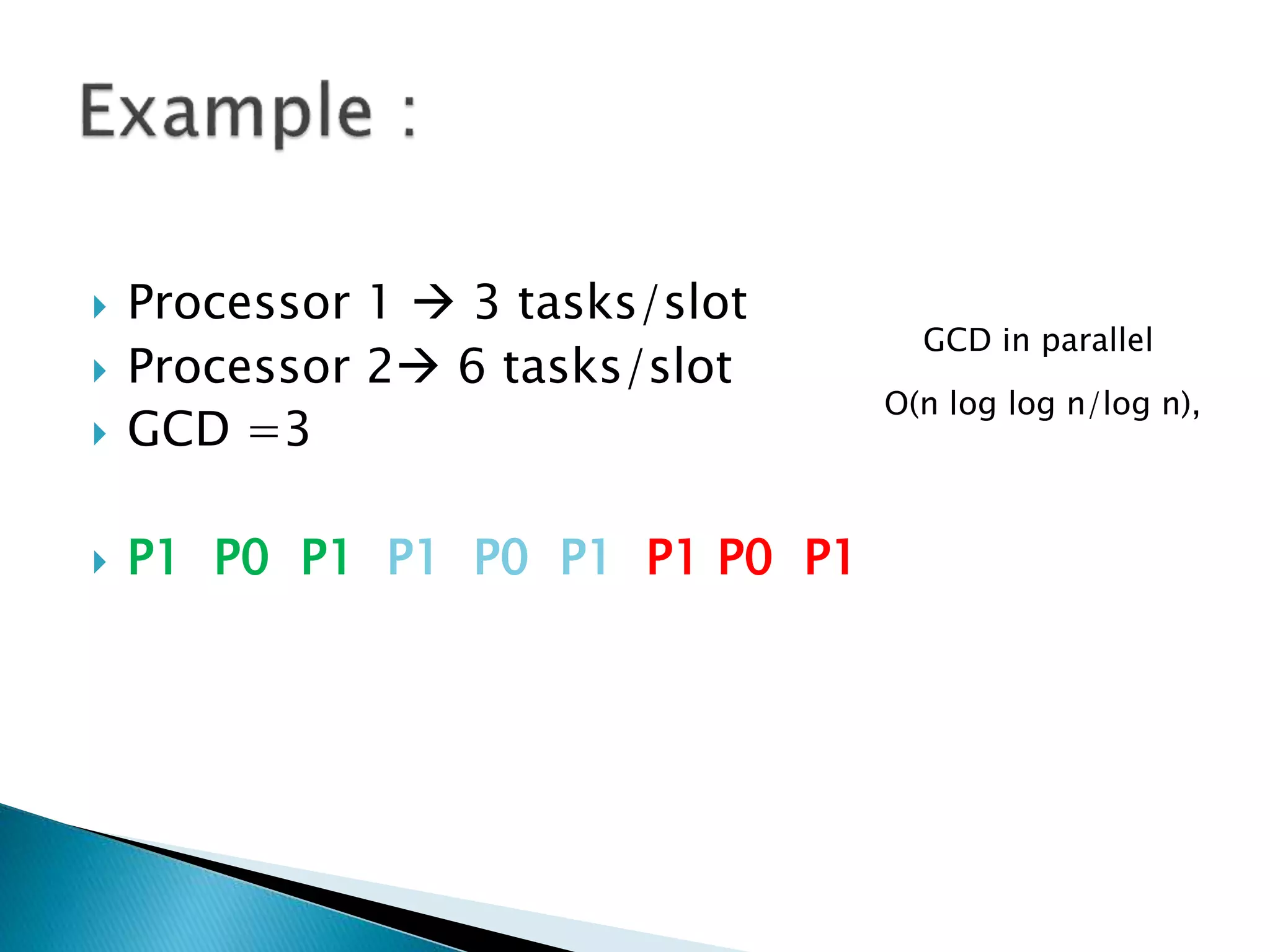  Processor 1  3 tasks/slot
 Processor 2 6 tasks/slot
 GCD =3
 P1 P0 P1 P1 P0 P1 P1 P0 P1
O(n log log n/log n),
GCD in parallel
 