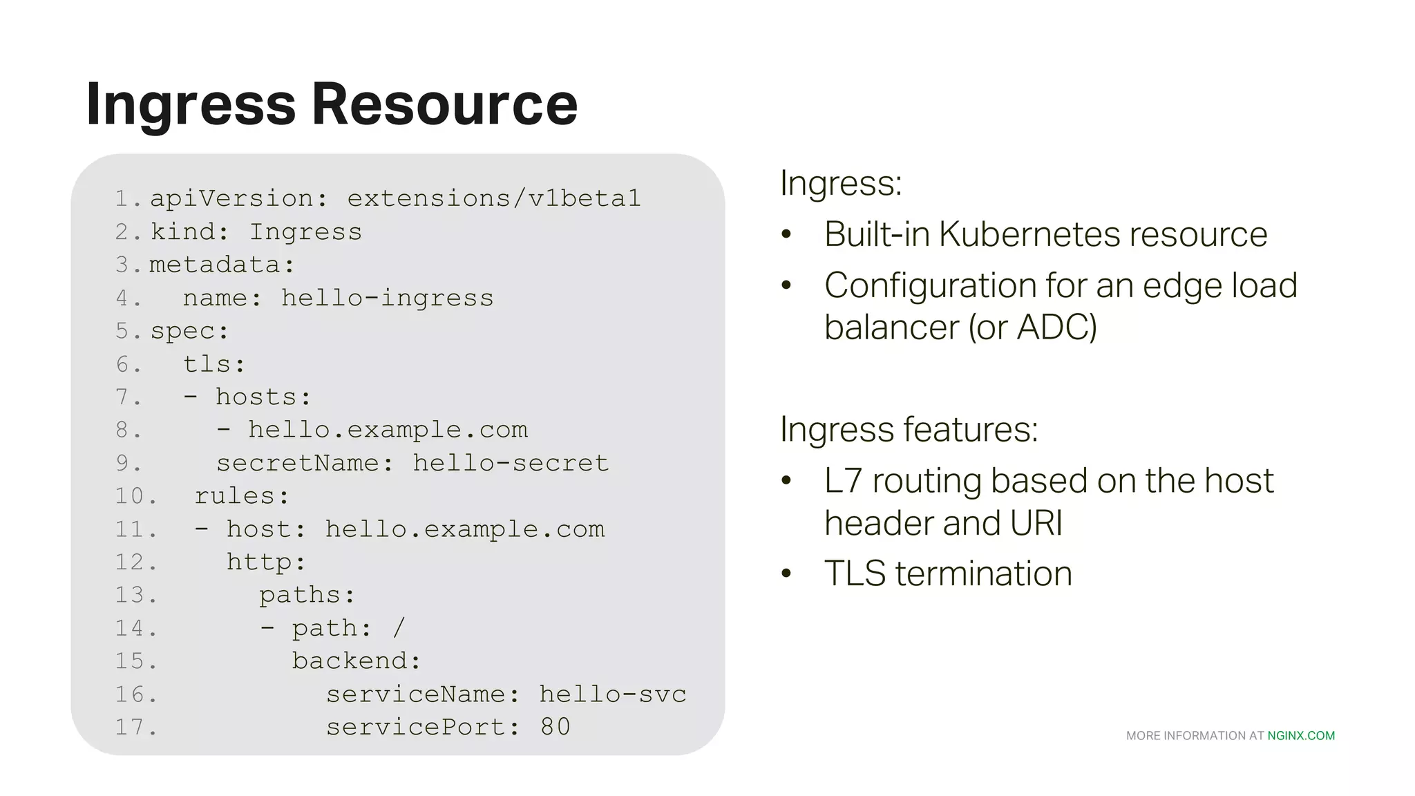MORE INFORMATION AT NGINX.COM Ingress Resource 1. apiVersion: extensions/v1beta1 2. kind: Ingress 3. metadata: 4. name: hello-ingress 5. spec: 6. tls: 7. - hosts: 8. - hello.example.com 9. secretName: hello-secret 10. rules: 11. - host: hello.example.com 12. http: 13. paths: 14. - path: / 15. backend: 16. serviceName: hello-svc 17. servicePort: 80 Ingress: • Built-in Kubernetes resource • Configuration for an edge load balancer (or ADC) Ingress features: • L7 routing based on the host header and URI • TLS termination 