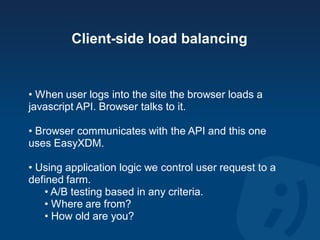 Client-side load balancing


• When user logs into the site the browser loads a
javascript API. Browser talks to it.

• Br...