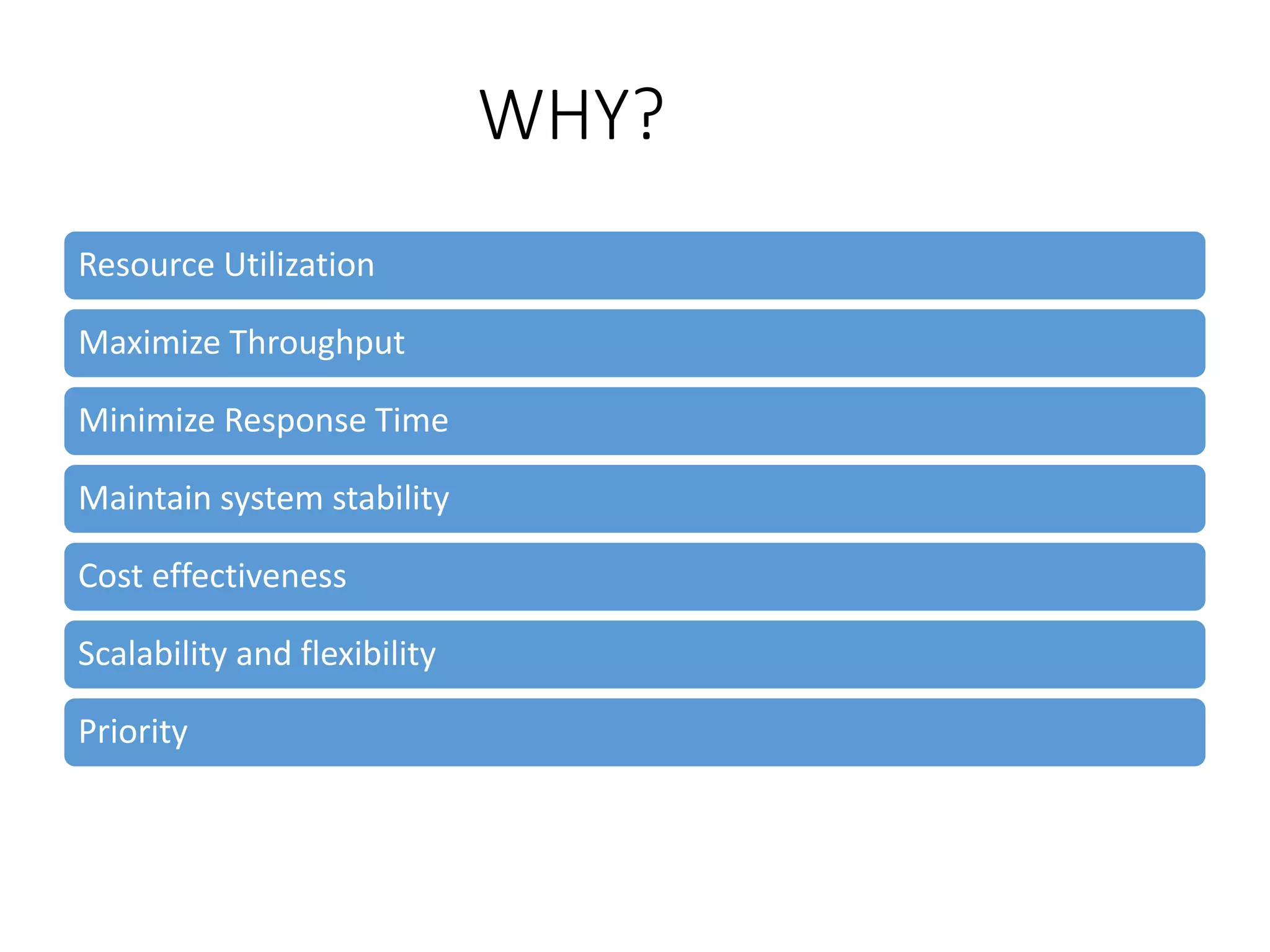 WHY?
Resource Utilization
Maximize Throughput
Minimize Response Time
Maintain system stability
Cost effectiveness
Scalability and flexibility
Priority
 