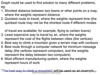 Slides for Parallel Programming Techniques & Applications Using Networked Workstations & Parallel Computers 2nd ed., by B. Wilkinson & M. Allen,
@ 2004 Pearson Education Inc. All rights reserved.
41
Graph could be used to find solution to many different problems;
eg:
1. Shortest distance between two towns or other points on a map,
where the weights represent distance
2. Quickest route to travel, where the weights represent time (the
quickest route may not be the shortest route if different modes
of travel are available; for example, flying to certain towns)
3. Least expensive way to travel by air, where the weights
represent the cost of the flights between cities (the vertices)
4. Best way to climb a mountain given a terrain map with contours
5. Best route through a computer network for minimum message
delay (the vertices represent computers, and the weights
represent the delay between two computers)
6. Most efficient manufacturing system, where the weights
represent hours of work
“The best way to climb a mountain” will be used as an example.
 