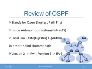 Arash PourdamghaniWinter 2016
Review of OSPF
Stands for Open Shortest Path First
Inside Autonomous Systems(Intra-AS)
Local Link-State(Dijkstra) algorithm
in order to find shortest path
Version 2 -> IPv4 , Version 3 -> IPv6
3
 