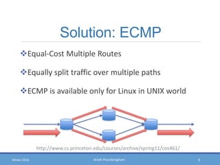 Arash PourdamghaniWinter 2016
Solution: ECMP
Equal-Cost Multiple Routes
Equally split traffic over multiple paths
ECMP is available only for Linux in UNIX world
5
http://www.cs.princeton.edu/courses/archive/spring11/cos461/
 