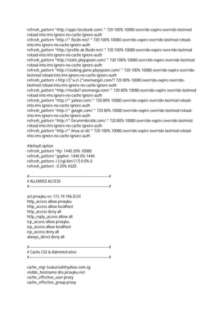 refresh_pattern ^http://apps.facebook.com/.* 720 100% 10080 override-expire override-lastmod
reload-into-ims ignore-no-cache ignore-auth
refresh_pattern ^http://*.fbcdn.net/.* 720 100% 10080 override-expire override-lastmod reload-
into-ims ignore-no-cache ignore-auth
refresh_pattern ^http://profile.ak.fbcdn.net/.* 720 100% 10080 override-expire override-lastmod
reload-into-ims ignore-no-cache ignore-auth
refresh_pattern ^http://static.playspoon.com/.* 720 100% 10080 override-expire override-lastmod
reload-into-ims ignore-no-cache ignore-auth
refresh_pattern ^http://cooking.game.playspoon.com/.* 720 100% 10080 override-expire override-
lastmod reload-into-ims ignore-no-cache ignore-auth
refresh_pattern -i http://[^a-z.]*onemanga.com/? 720 80% 10080 override-expire override-
lastmod reload-into-ims ignore-no-cache ignore-auth
refresh_pattern ^http://media?.onemanga.com/.* 720 80% 10080 override-expire override-lastmod
reload-into-ims ignore-no-cache ignore-auth
refresh_pattern ^http://*.yahoo.com/.* 720 80% 10080 override-expire override-lastmod reload-
into-ims ignore-no-cache ignore-auth
refresh_pattern ^http://*.google.com/.* 720 80% 10080 override-expire override-lastmod reload-
into-ims ignore-no-cache ignore-auth
refresh_pattern ^http://*.forummikrotik.com/.* 720 80% 10080 override-expire override-lastmod
reload-into-ims ignore-no-cache ignore-auth
refresh_pattern ^http://*.linux.or.id/.* 720 100% 10080 override-expire override-lastmod reload-
into-ims ignore-no-cache ignore-auth
#default option
refresh_pattern ^ftp: 1440 20% 10080
refresh_pattern ^gopher: 1440 0% 1440
refresh_pattern -i (/cgi-bin/|?) 0 0% 0
refresh_pattern . 0 20% 4320
#---------------------------------------------------------------#
# ALLOWED ACCESS
#---------------------------------------------------------------#
acl proxyku src 172.19.196.0/24
http_access allow proxyku
http_access allow localhost
http_access deny all
http_reply_access allow all
icp_access allow proxyku
icp_access allow localhost
icp_access deny all
always_direct deny all
#---------------------------------------------------------------#
# Cache CGI & Administrative
#---------------------------------------------------------------#
cache_mgr teukurizal@yahoo.com.sg
visible_hostname dns.proxyku.net
cache_effective_user proxy
cache_effective_group proxy
 
