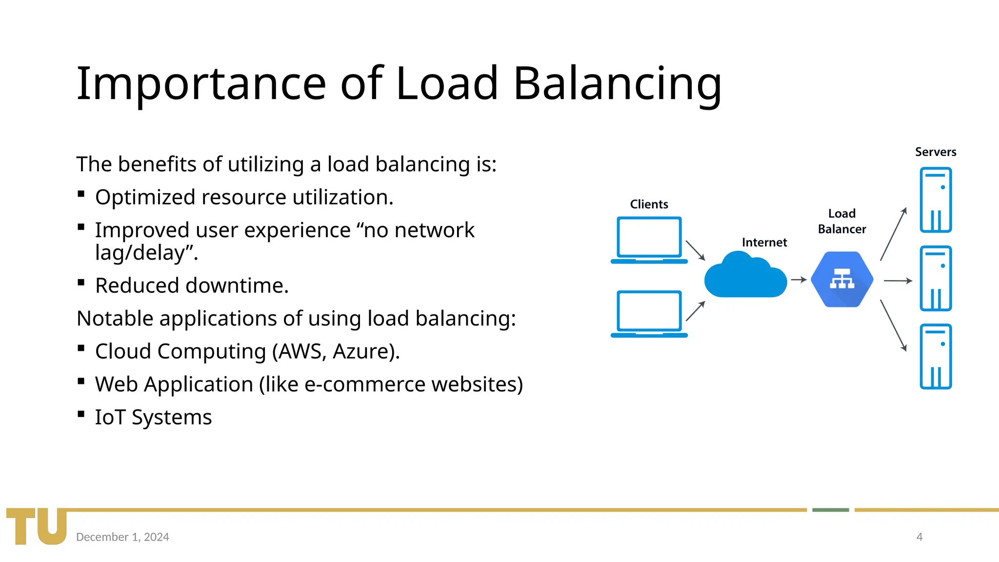 December 1, 2024 4
Importance of Load Balancing
The benefits of utilizing a load balancing is:
 Optimized resource utilization.
 Improved user experience “no network
lag/delay”.
 Reduced downtime.
Notable applications of using load balancing:
 Cloud Computing (AWS, Azure).
 Web Application (like e-commerce websites)
 IoT Systems
 