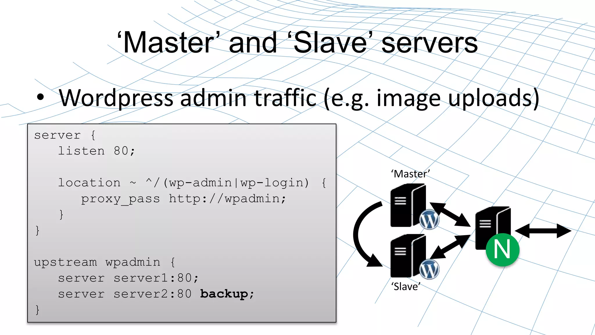 ‘Master’ and ‘Slave’ servers 
• Wordpress admin traffic (e.g. image uploads) 
N 
server { 
listen 80; 
location ~ ^/(wp-admin|wp-login) { 
proxy_pass http://wpadmin; 
} 
} 
upstream wpadmin { 
server server1:80; 
server server2:80 backup; 
} 
‘Master’ 
‘Slave’ 
 