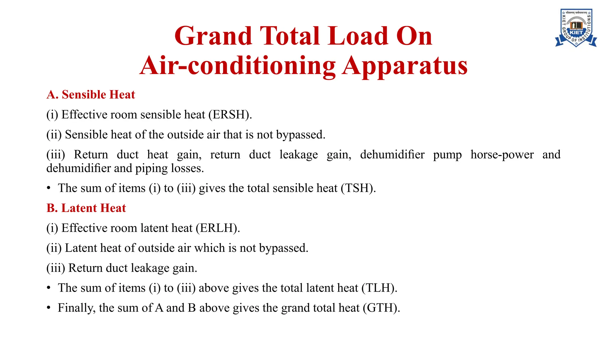 Grand Total Load On
Air-conditioning Apparatus
A. Sensible Heat
(i) Effective room sensible heat (ERSH).
(ii) Sensible heat of the outside air that is not bypassed.
(iii) Return duct heat gain, return duct leakage gain, dehumidiﬁer pump horse-power and
dehumidiﬁer and piping losses.
• The sum of items (i) to (iii) gives the total sensible heat (TSH).
B. Latent Heat
(i) Effective room latent heat (ERLH).
(ii) Latent heat of outside air which is not bypassed.
(iii) Return duct leakage gain.
• The sum of items (i) to (iii) above gives the total latent heat (TLH).
• Finally, the sum of A and B above gives the grand total heat (GTH).
 