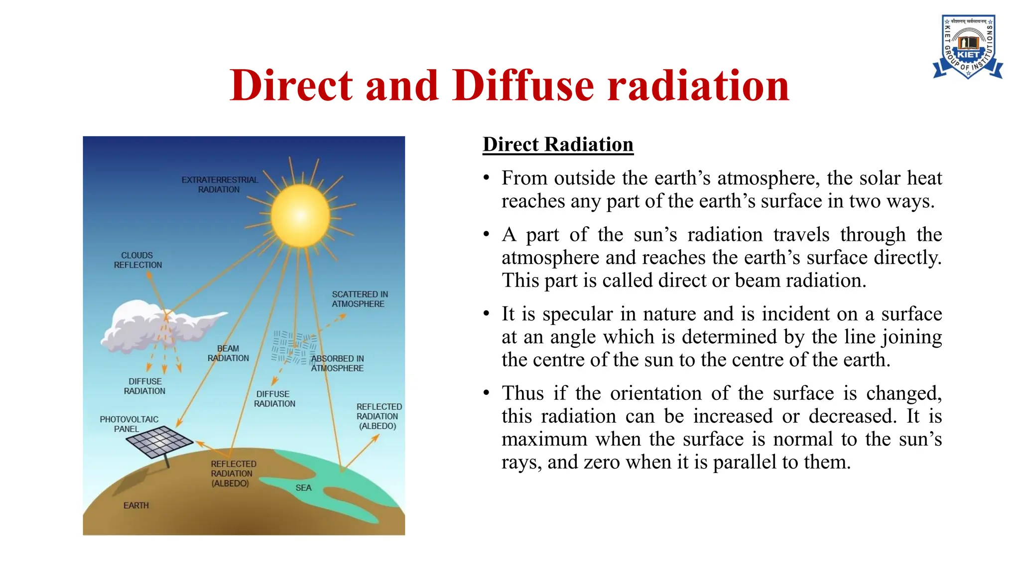 Direct and Diffuse radiation
Direct Radiation
• From outside the earth’s atmosphere, the solar heat
reaches any part of the earth’s surface in two ways.
• A part of the sun’s radiation travels through the
atmosphere and reaches the earth’s surface directly.
This part is called direct or beam radiation.
• It is specular in nature and is incident on a surface
at an angle which is determined by the line joining
the centre of the sun to the centre of the earth.
• Thus if the orientation of the surface is changed,
this radiation can be increased or decreased. It is
maximum when the surface is normal to the sun’s
rays, and zero when it is parallel to them.
 