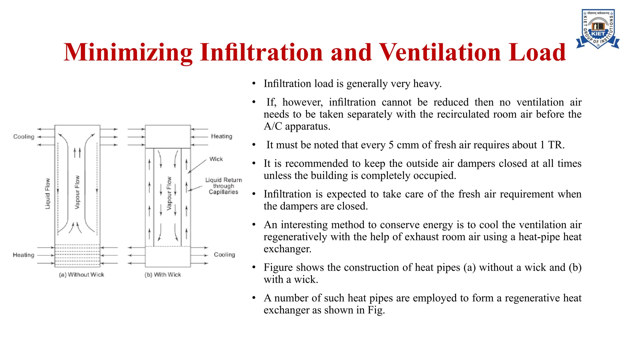 Minimizing Inﬁltration and Ventilation Load
• Inﬁltration load is generally very heavy.
• If, however, inﬁltration cannot be reduced then no ventilation air
needs to be taken separately with the recirculated room air before the
A/C apparatus.
• It must be noted that every 5 cmm of fresh air requires about 1 TR.
• It is recommended to keep the outside air dampers closed at all times
unless the building is completely occupied.
• Inﬁltration is expected to take care of the fresh air requirement when
the dampers are closed.
• An interesting method to conserve energy is to cool the ventilation air
regeneratively with the help of exhaust room air using a heat-pipe heat
exchanger.
• Figure shows the construction of heat pipes (a) without a wick and (b)
with a wick.
• A number of such heat pipes are employed to form a regenerative heat
exchanger as shown in Fig.
 