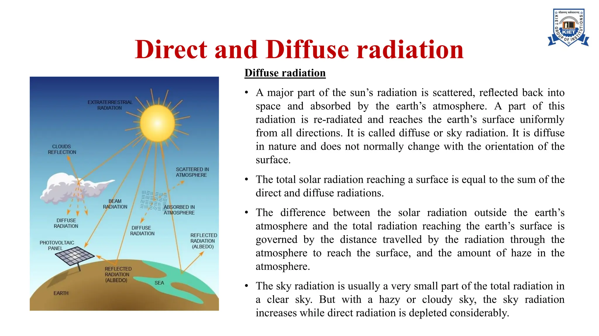 Direct and Diffuse radiation
Diffuse radiation
• A major part of the sun’s radiation is scattered, reﬂected back into
space and absorbed by the earth’s atmosphere. A part of this
radiation is re-radiated and reaches the earth’s surface uniformly
from all directions. It is called diffuse or sky radiation. It is diffuse
in nature and does not normally change with the orientation of the
surface.
• The total solar radiation reaching a surface is equal to the sum of the
direct and diffuse radiations.
• The difference between the solar radiation outside the earth’s
atmosphere and the total radiation reaching the earth’s surface is
governed by the distance travelled by the radiation through the
atmosphere to reach the surface, and the amount of haze in the
atmosphere.
• The sky radiation is usually a very small part of the total radiation in
a clear sky. But with a hazy or cloudy sky, the sky radiation
increases while direct radiation is depleted considerably.
 