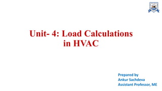 Unit- 4: Load Calculations
in HVAC
Prepared by
Ankur Sachdeva
Assistant Professor, ME
 