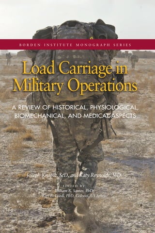 b o r d e n i n s t i t u t e m o n o g r a p h s e r i e s
Load Carriage in
Military Operations
Joseph Knapik, ScD, and Katy Reynolds, MD
e d i t e d b y
William R. Santee, PhD
Karl E. Friedl, PhD, Colonel, US Army
A REVIEW OF HISTORICAL, PHYSIOLOGICAL,
BIOMECHANICAL, AND MEDICAL ASPECTS
 