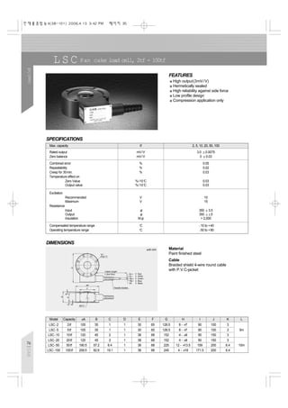 L S C Pan cake load cell, 2tf - 100tf
Load
Cell
76
CAS
FEATURES
High output(3mV/V)
Hermetically sealed
High reliability against side force
Low profile design
Compression application only
G
"H"
PCD "I"
L (5m/10m)
Cable Length
Flexible Rubber
F
SR"J"
B
K
E
C
D
oA
Ex
Ex
Sig
Sig
Sh
Red
White
Black
Blue
Green
DIMENSIONS
unit:mm Material
Paint finished steel
Cable
Braided shield 4-wire round cable
with P.V.C-jacket
SPECIFICATIONS
Max. capacity
Rated output
Zero balance
Combined error
Repeatability
Creep for 30min.
Temperature effect on
Zero Value
Output value
Excitation
Recommended
Maximum
Resistance
Input
Output
Insulation
Compensated temperature range
Operating temperature range
2, 5, 10, 20, 50, 100
3.0 0.0075
0 0.03
0.05
0.02
0.03
0.03
0.03
10
15
350 3.5
350 5
> 2,000
10 to +40
50 to +80
tf
mV/V
mV/V
%
%
%
%/10 C
%/10 C
V
V
M
C
C
Model Capacity A B C D E F G H I J K L
LSC-2 2tf 105 35 1 1 30 65 126.5 8 - 7 90 100 3
LSC-5 5tf 105 35 1 1 30 65 126.5 8 - 7 90 100 3 5m
LSC-10 10tf 120 45 2 1 38 68 152 4 - 9 90 150 3
LSC-20 20tf 120 45 2 1 38 68 152 4 - 9 90 150 3
LSC-50 50tf 190.5 57.2 6.4 1 38 68 225 12 - 13.5 159 200 6.4 10m
LSC-100 100tf 209.5 82.6 19.1 1 38 68 245 4 - 18 171.5 200 6.4
 