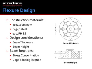 Construction materials: 
 2024 aluminum 
 E4340 steel 
 17-4 PH SS 
Design considerations: 
 Beam Thickness 
 Beam Height 
Beam functions: 
 Stress Concentration 
 Gage bonding location 
Beam Thickness 
Beam Height 
 